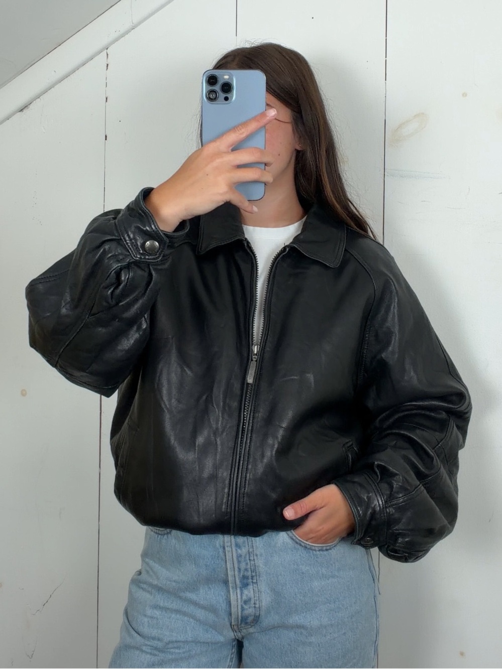 Vintage Claiborne Black Genuine Leather Full Zip Bomber Jacket Men’s Large 90s